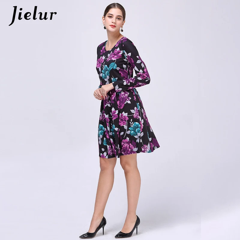 Jielur осень 2019 модное Цветочное платье с длинным рукавом женское элегантное vestidos