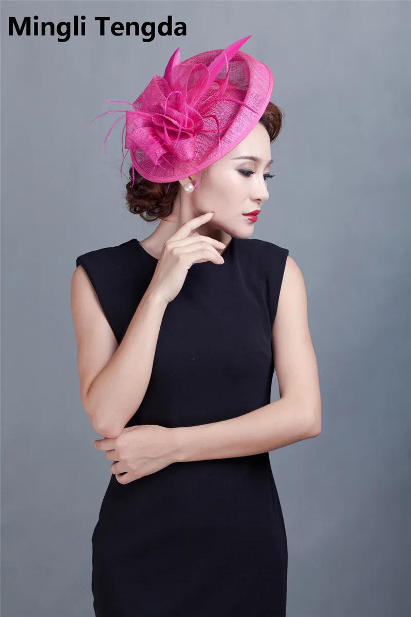 Свадебные аксессуары дамы большой перо Fascinators Шапки Для женщин аксессуары для волос с повязкой на голову для Свадебная вечеринка Mingli Tengda - Цвет: rose red