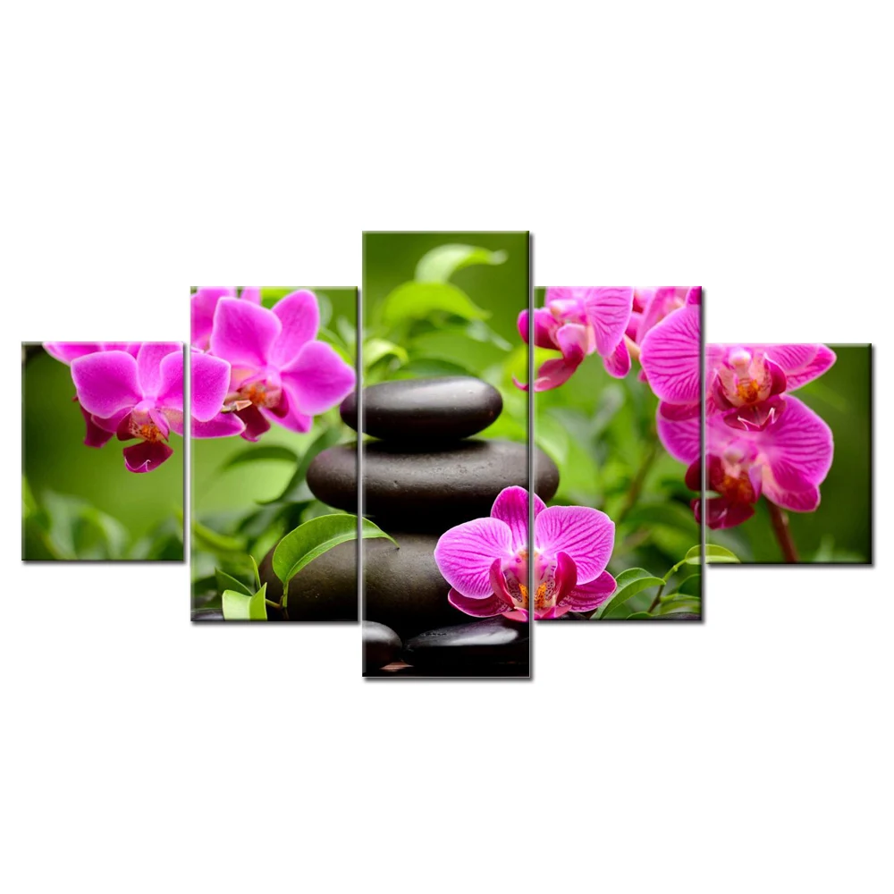 

HD Print Poster Modular Pictures Canvas Art Purple Flower Green Leaf Stone Paintings Modern Framework Decor For Living Room Wall
