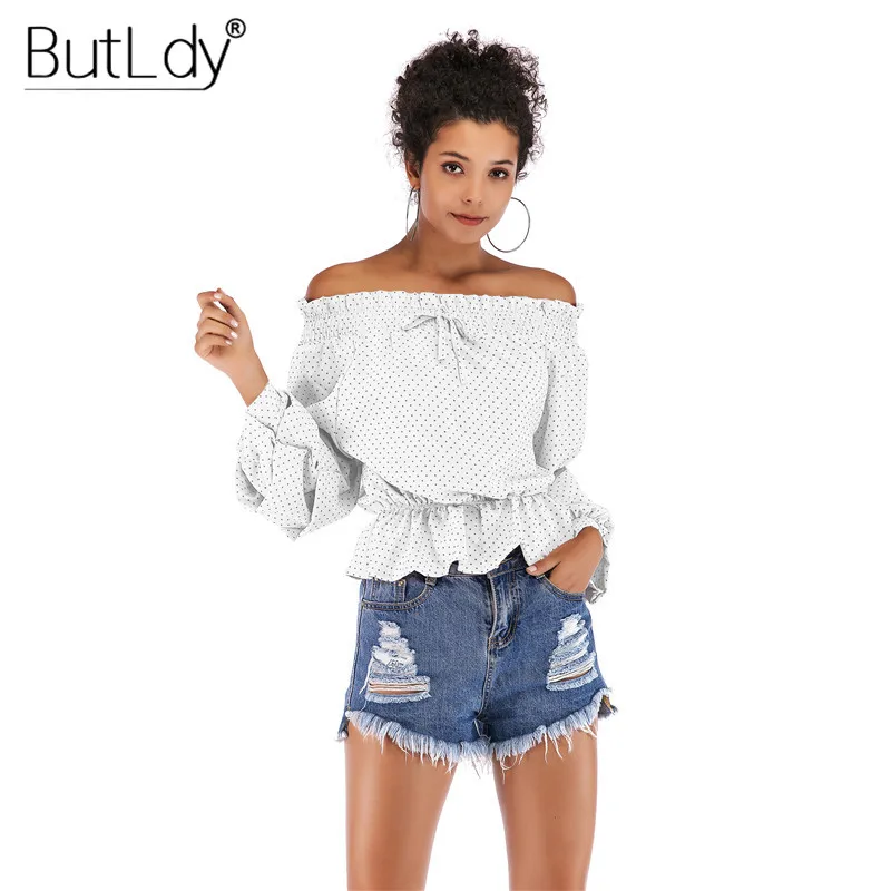 Блузка женская с открытыми плечами пикантный Повседневный Топ в горошек