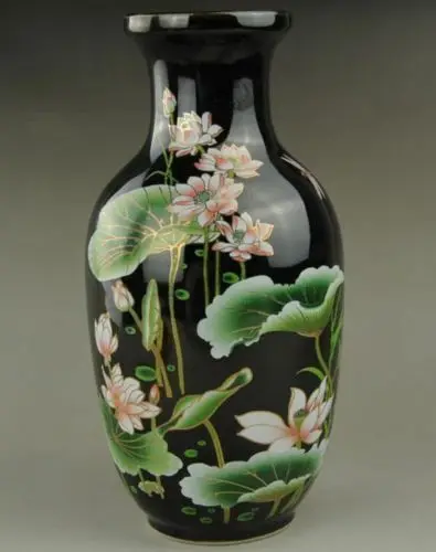Collectible Chinese Old Exquisite Hand-painted Lotus Flowers Porcelain Vase Black Flower Bottle