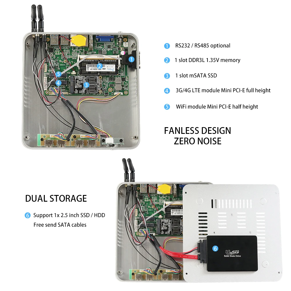 Безвентиляторный мини-ПК Intel i7 5500U Windows 10 8GB ram 120GB SSD 300M WiFi Dual NIC Gigabit Ethernet 8xusb HDMI VGA 3g/4G LTE