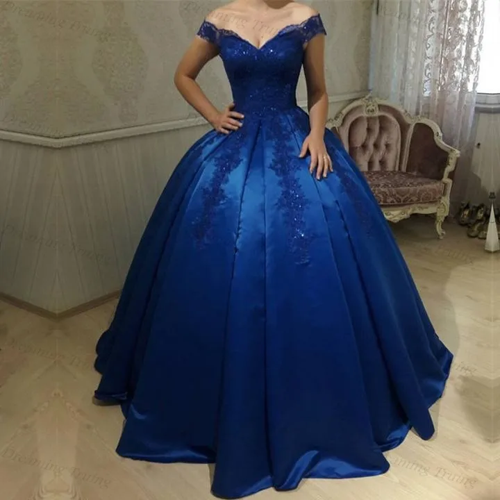 Фото Бальные Сатиновые платья Королевского синего цвета бальные до пола с