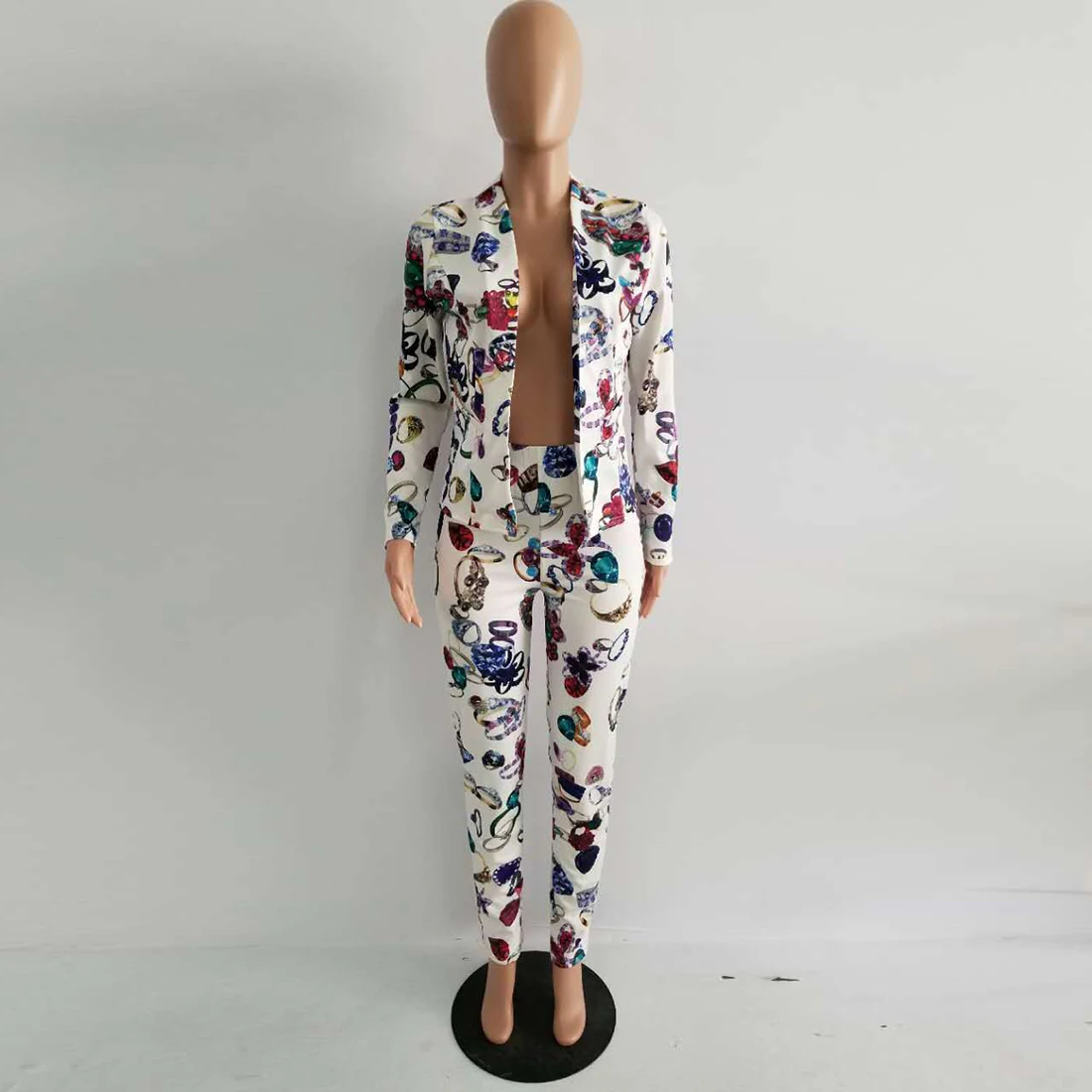 Женский офисный костюм из 2 предметов: блейзер с цветочным принтом и брюки