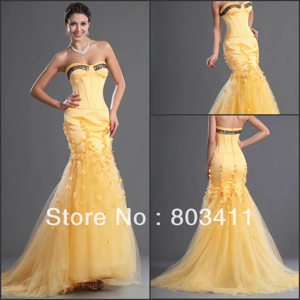 Фантастическое желтое вечернее платье без бретелек с вырезом сердца