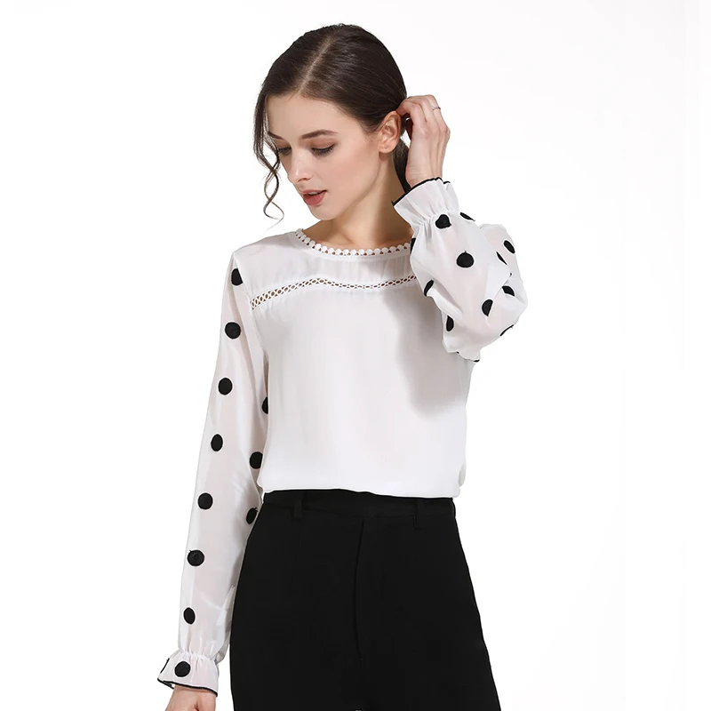 Женская блузка с длинным рукавом модная шифоновая круглым вырезом в черно белую