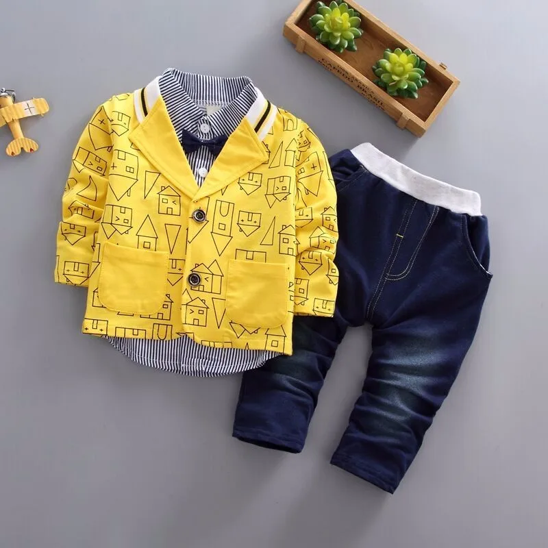 YZ fangzi Yellow Новинка весны детская одежда Детский Блейзер деловой костюм джентльмена для Повседневное, костюмы для мальчиков, куртки с бантом и галстуком-бабочкой, футболка, штаны, 3 шт./компл., Одежда для младенцев - Цвет: YZ fangzi Yellow