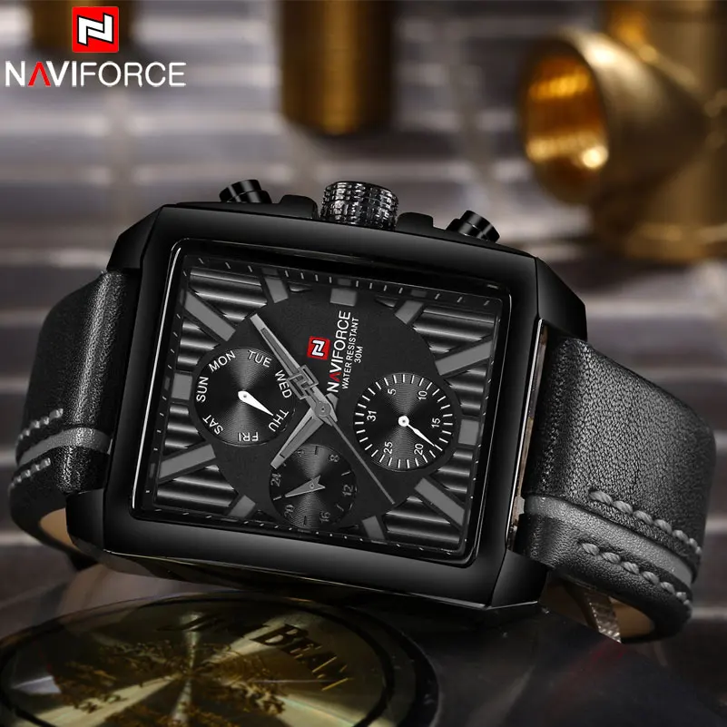 NAVIFORCE Роскошные Брендовые Часы мужские кварцевые часы из кожи мужские спортивные часы креативные Прямоугольные Наручные часы Relogio Masculino