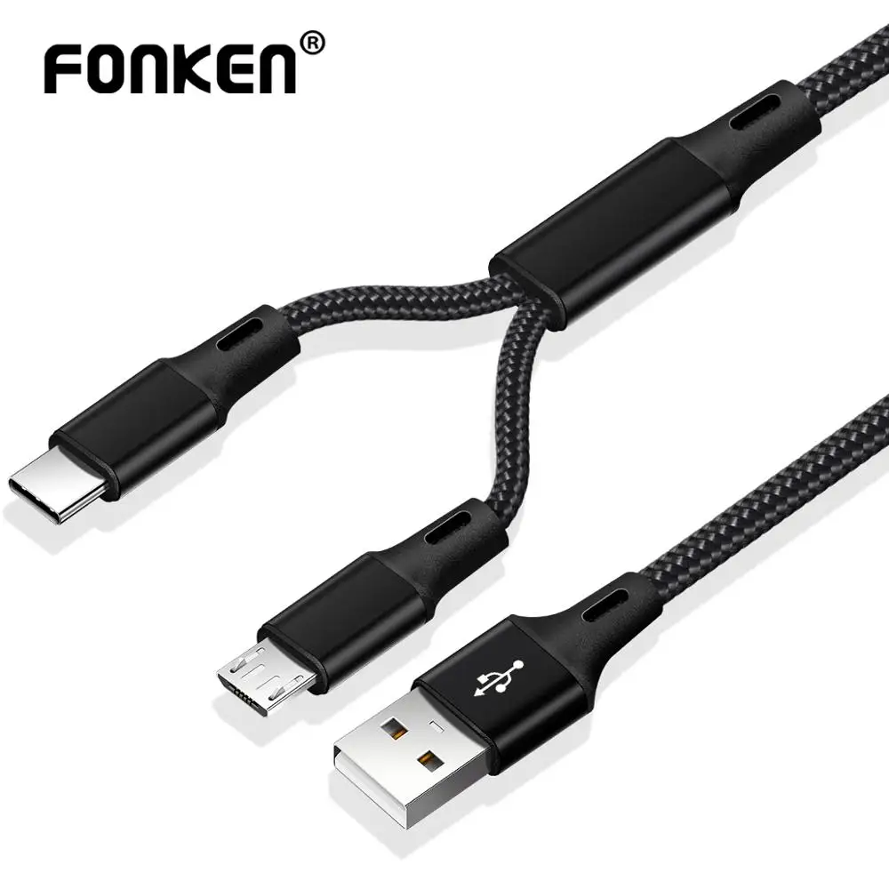 FONKEN 2 в 1 USB кабель type C Micro USB быстрая зарядка провода 1 м отдельный USB C нейлоновая оплетка для мобильных телефонов Android кабели