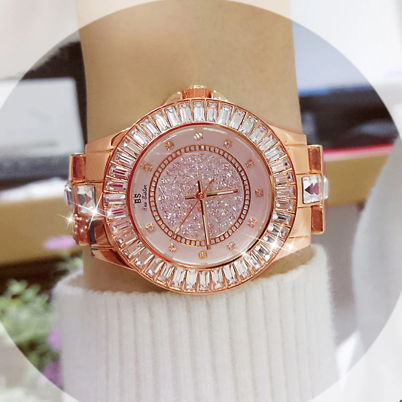 Бренд BS женские часы браслет модные роскошные наручные со стразами кварцевые с