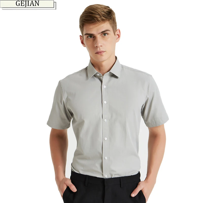 

GEJIAN Summer Light Gray Shirt Men's Short Sleeve Solid Color Business Shirt Loose Puls Size Casual Men shirt camisa masculina