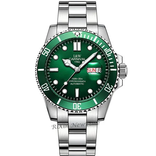 Green C8756 steel Лидирующий бренд Роскошные мужские часы полностью стальные военные спортивные автоматические механические часы для дайвинга мужские светящиеся часы relogio montre homme - Цвет: Green C8756 steel