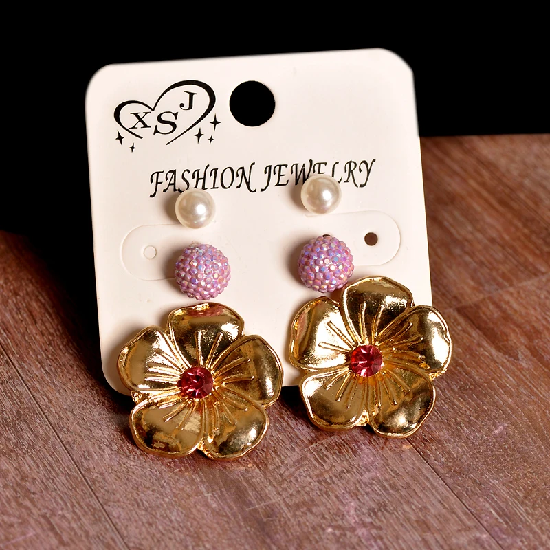 New fashion women's jewelry wholesale girls birthday party pearl stud mix-and-match flowery 3 pairs /set earrings gift | Украшения и