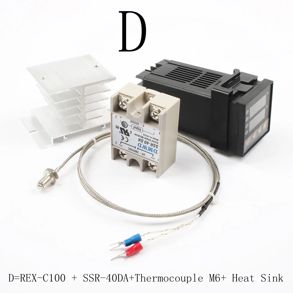 Digital 220 В PID REX-C100 Температура контроллер+ max.40A ССР релейный выход+ K термопары, PID контроллер Набор+ теплоотвод термометр цифровой - Цвет: D