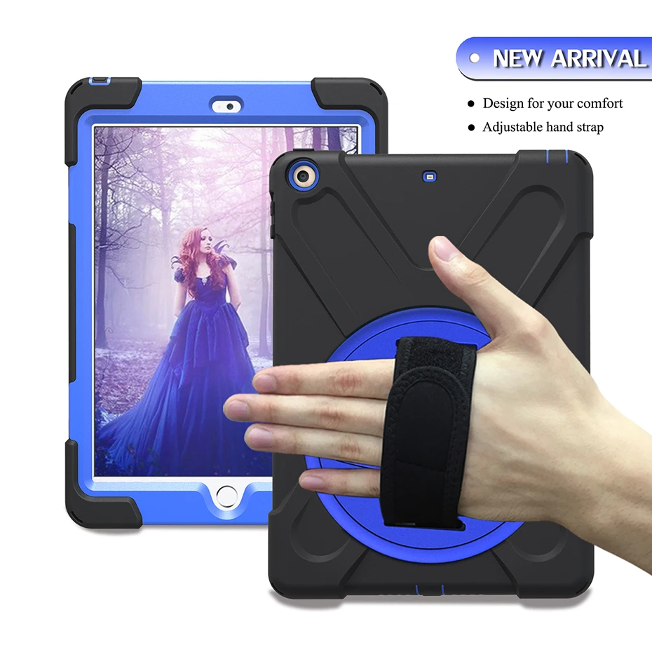 P2018 Black Darkblue 360 Вращающаяся подставка чехол для iPad 9,7 дюймов с ручным ремешком Броня защитный ударопрочный полный защитный чехол - Цвет: P2018 Black Darkblue