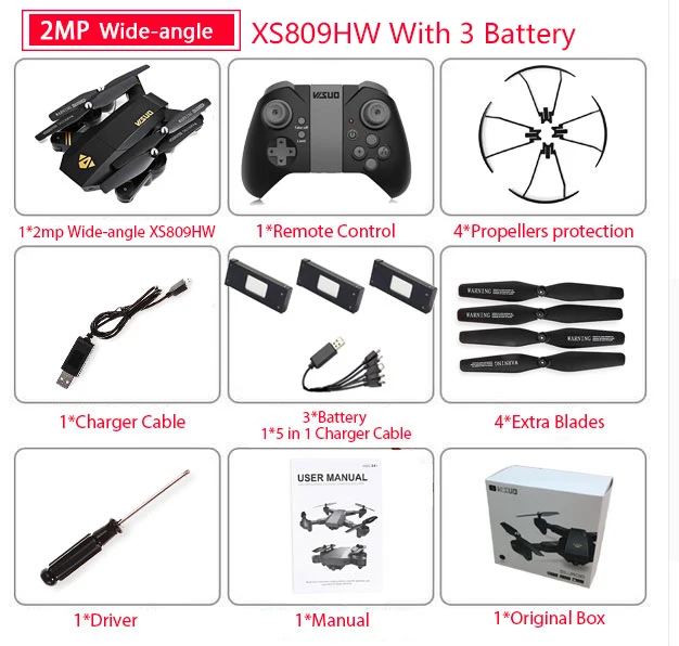 Visuo XS809W XS809HW Квадрокоптер мини складной селфи Дрон с Wifi FPV 0.3MP/2MP камерой удержание высоты RC Дрон Vs JJRC H47 E58 - Цвет: wide 200w XS809HW 3B