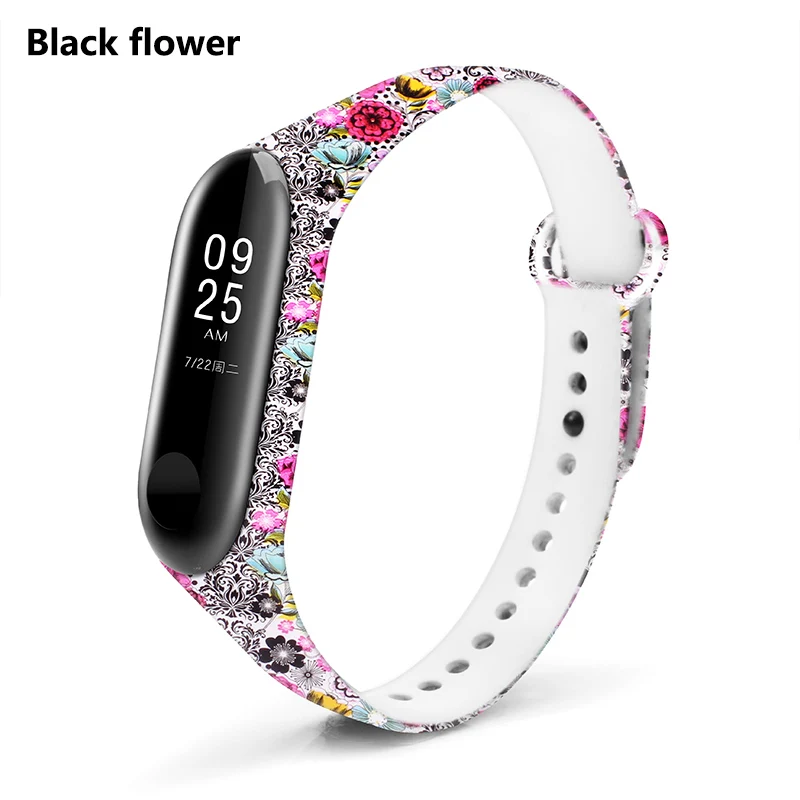 BOORUI mi band, 3 ремешка, силиконовый браслет с разнообразными цветами, браслет mi band, 3 ремешка, модный спортивный ремешок для xiaomi mi3 - Цвет: Black Flowers