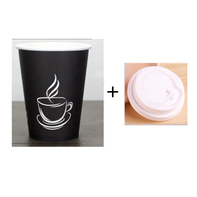 50pcs Creative black disposable coffee cup 250ml 400ml 500ml cold and hot drink beverage paper cups with lid takeaway package - Цвет: cup and lid