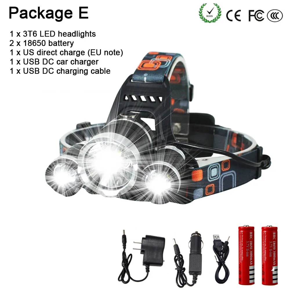 5000 люмен T6 x 3 светодиодные фары наружный водонепроницаемый светодиодный фонарик