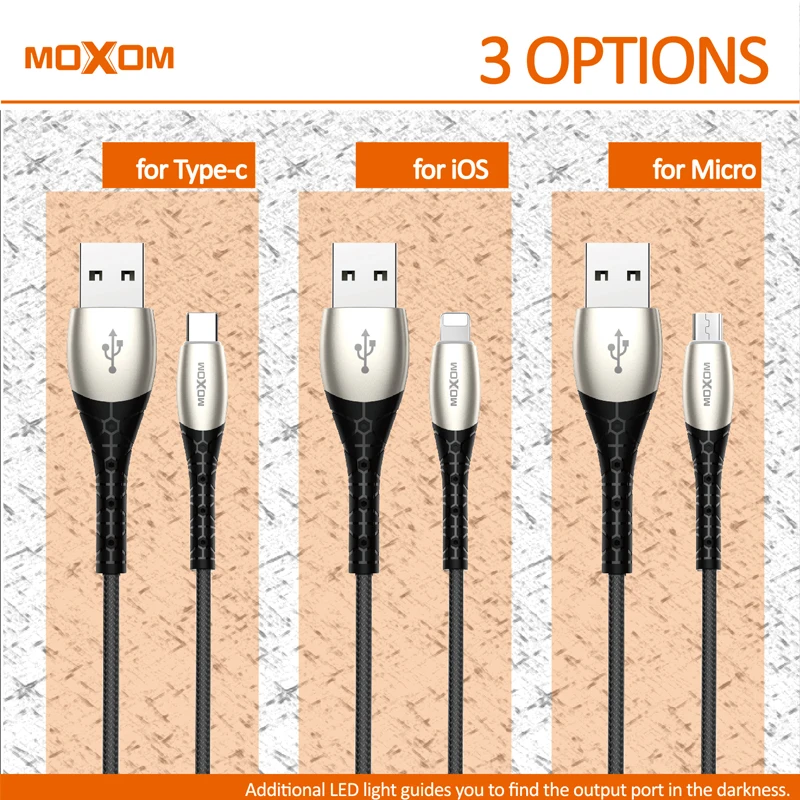 MOXOM светодиодный зарядное устройство с интерфейсом Lightning Кабель для iPhone X Xs Max XR 2.4A быстрое устройство для зарядки кабель передачи данных для iPhone Кабельное ответвление