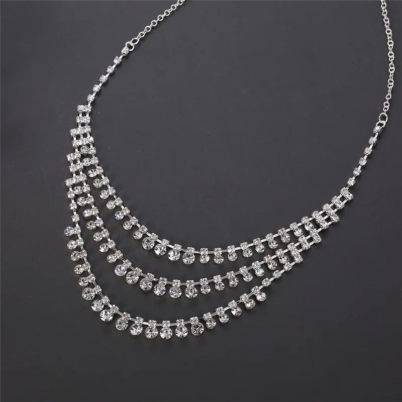 European and American bride wedding temperament multi-layer silver color-plated water drill claw chain suit Necklace Earrings | Украшения и