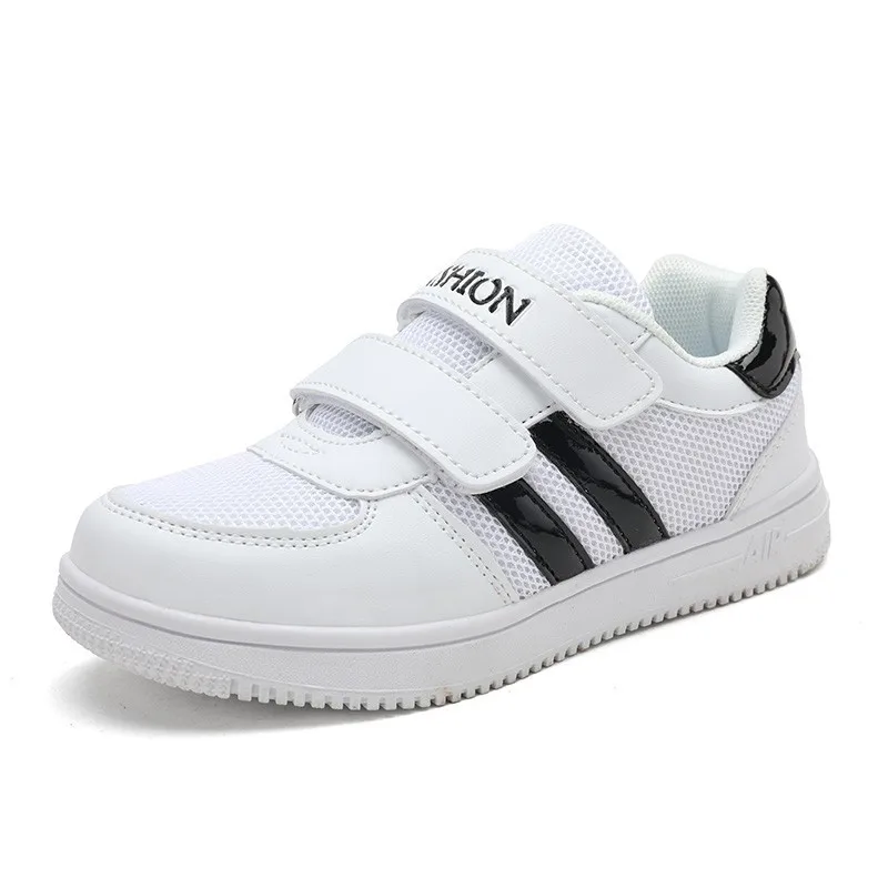 white and black Kid Running Shoes White Sneakers For Boys Sport Shoes Pu Leather Tenis Infantil Girls Footwear Velcro Casual Chaussure Enfant - Color: white and black