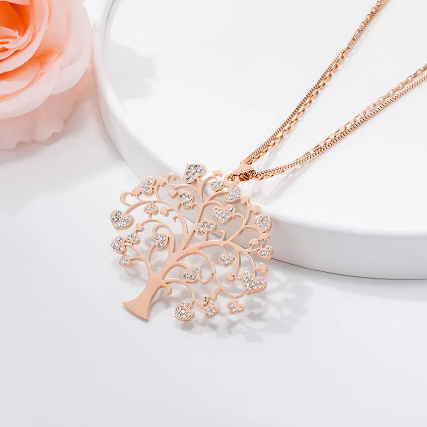 Rose Gold Розовое золото из нержавеющей стали дерево жизни кулон ожерелье для женщин цепочки для свитера длинное ожерелье из дерева вечерние Ювелирные изделия Подарки - Окраска металла: Rose Gold