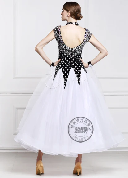 elegant customize black white short sleeve rhinestone Fox trot Waltz tango salsa competition ballroom dance dress | Тематическая