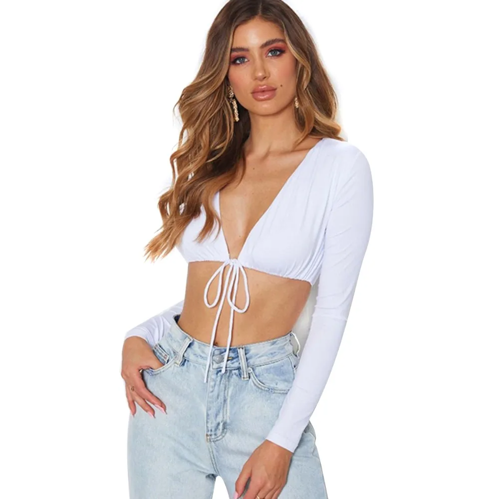 Женская однотонная Базовая рубашка на шнуровке с длинным рукавом укороченный