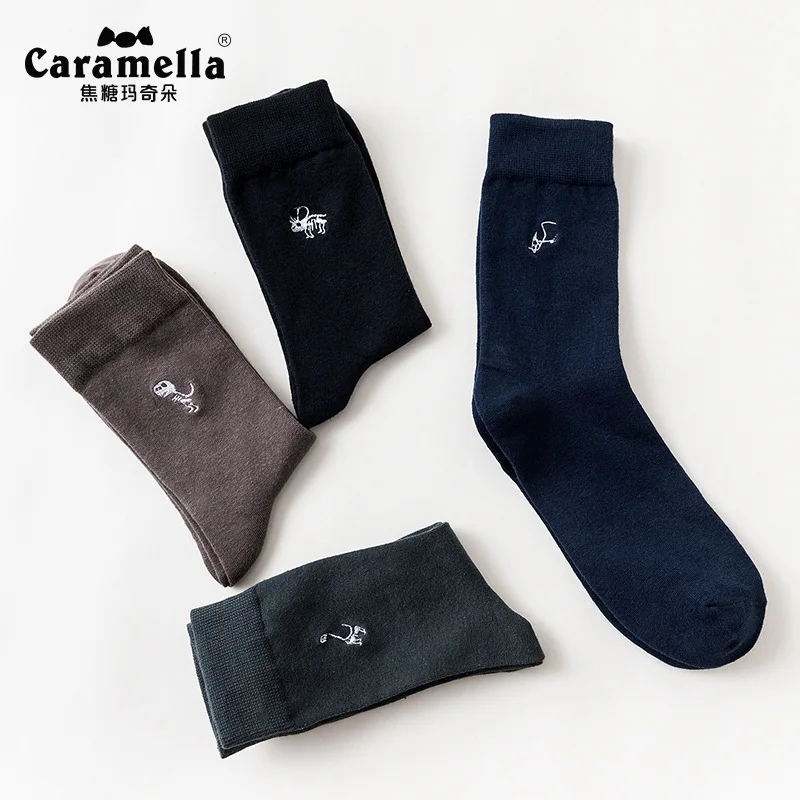 4 пар/лот, мужские носки Caramella, одноцветные носки с вышивкой динозавра, носки до середины икры