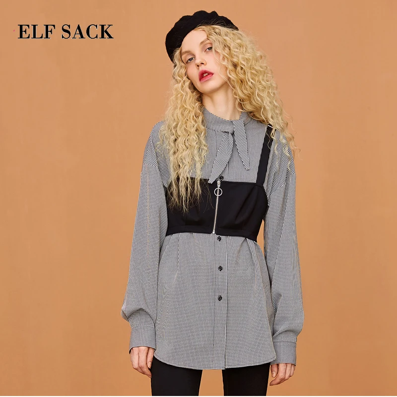 ELFSACK/Новинка женские рубашки повседневные с длинным рукавом в клетку отложным