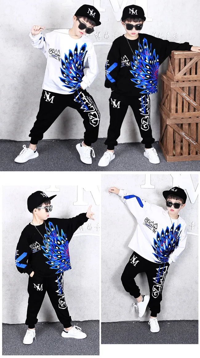 2 Pcs Children Autumn Clothes Set Big Boys Girls Peacock Hoodies Haren Pants Cotton Dance vetement garcon 6 8 10 12 13 14 Years