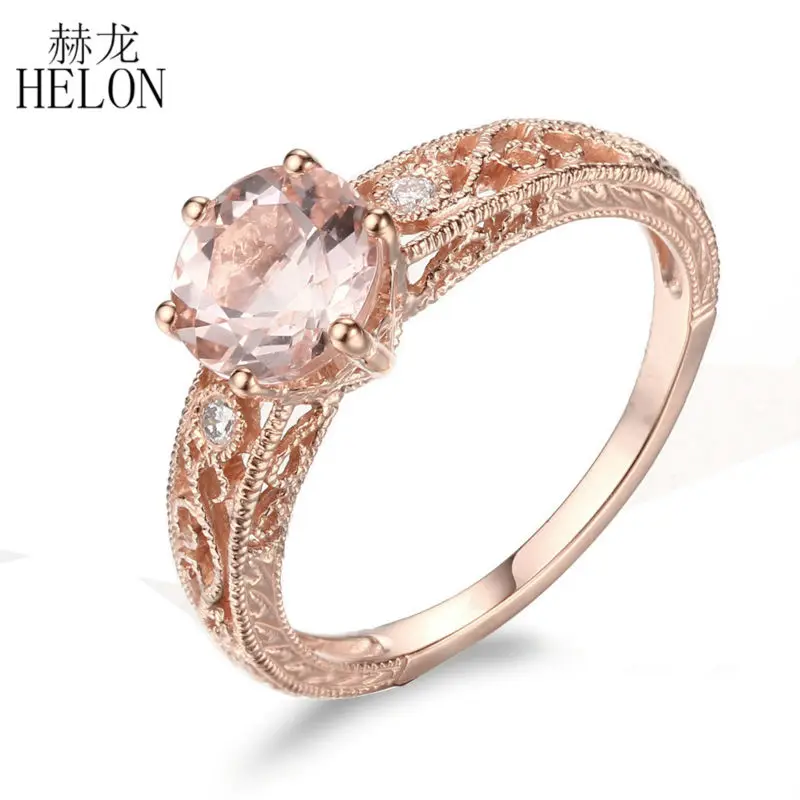 HELON 6.5mm Round Cut 1.37ct Genuine Morganite Solid 14KT Rose Gold Natural Diamond Fine Jewelry Engagement Gemstone Women Ring | Украшения