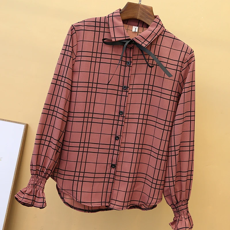 2019 весенние клетчатые блузки женские рубашки с длинными рукавами шифоновые для