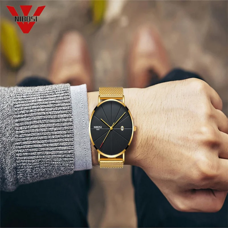 NIBOSI роскошные часы мужские ультратонкие простые из нержавеющей стали