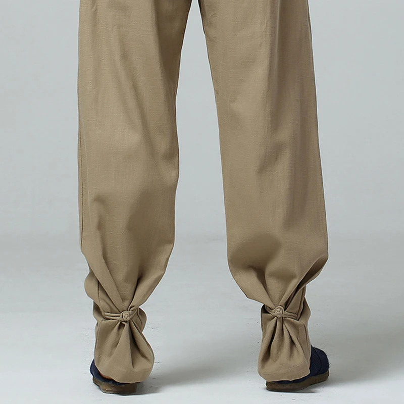 

Chinese Style 100% Linen Casual Pants Frog Closure Adjustable Leg Opening Harem Pants Drawstring Elastic Waist