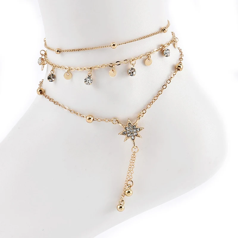 3 шт./компл. Мода звезда круглые бусины кристалл кулон цепь золотая анклет