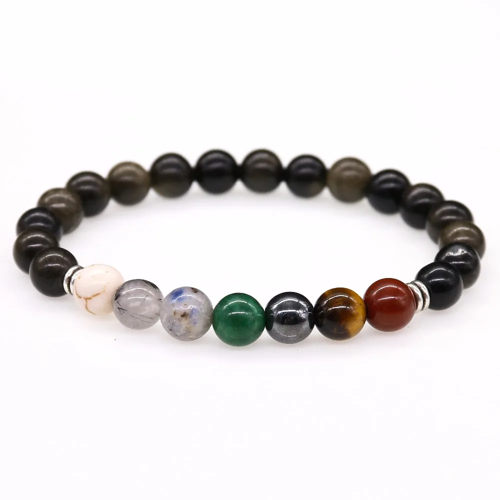 Мужские браслеты разных цветов радуги черный обсидиан 7 Чакр Исцеление баланса