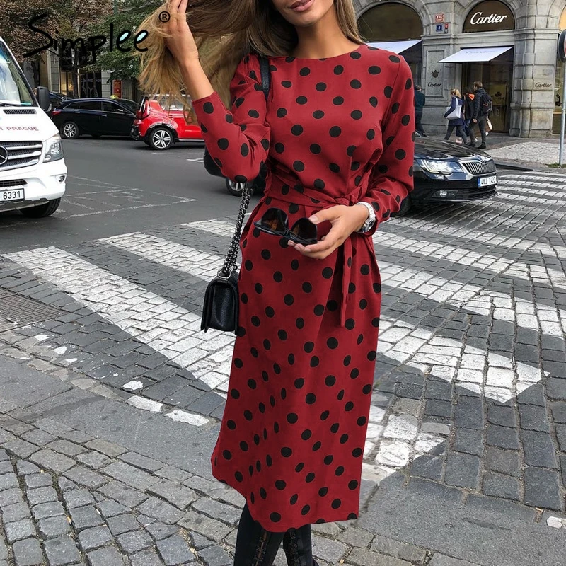 Просто элегантно в горошек женское платье пояса длинный рукав ремень Карандаш