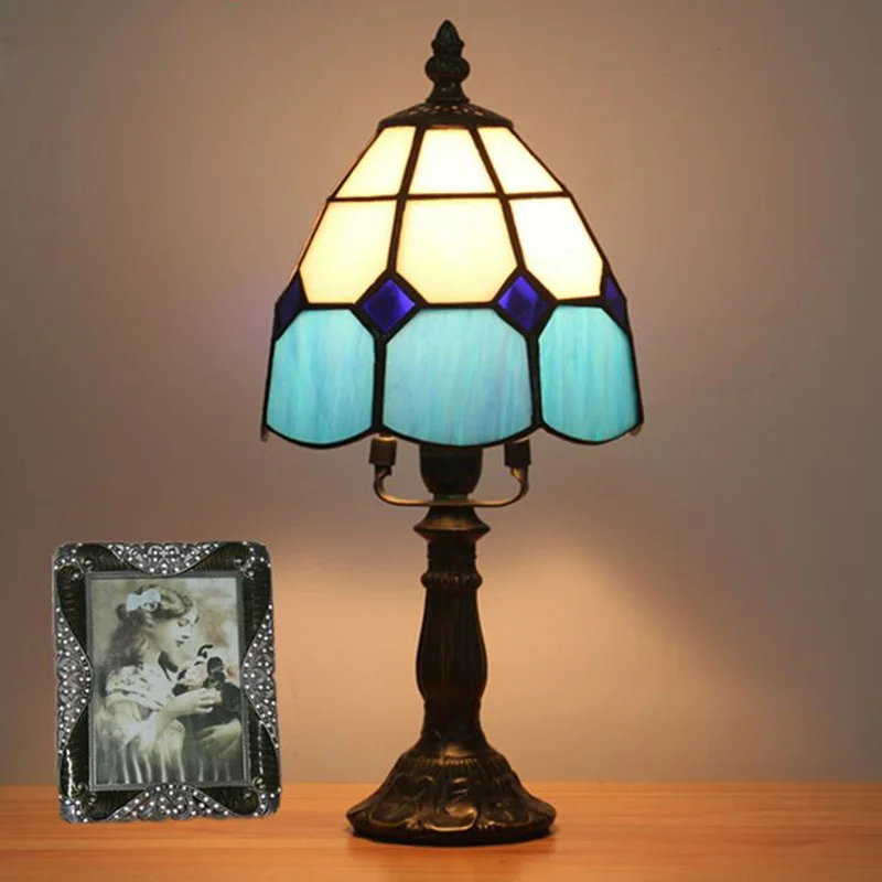 Синий Tiffanylamp Классическая E14 многоцветная настольная лампа в стиле Тиффани для спальни, гостиной, церкви, стекла, высокое качество - Цвет абажура: Синий