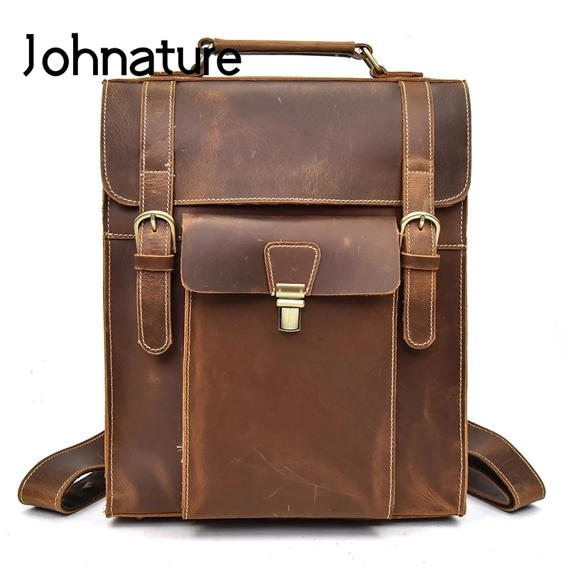 

Johnature 2021 New Retro Genuine Leather Men Backpack Waterproof Wear Resistant Crazy Horse Leather Laptop Backpack Travel Bags