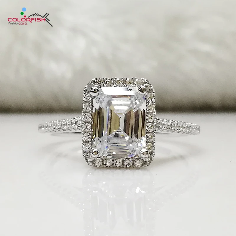 

Женское Обручальное Кольцо COLORFISH 1,5 ct Halo из твердого стерлингового серебра 925 пробы, прямоугольное кольцо с имитацией соны, подарок на свадьб...