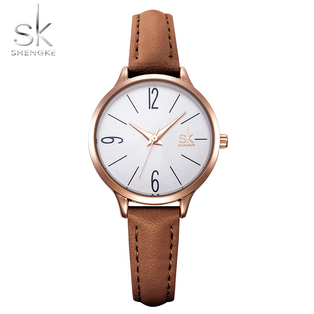 brown Shengke модные часы для женщин повседневные кожаные кварцевые часы круглые наручные часы для женщин синий ремешок часы Relogio Feminino Reloj Mujer - Цвет: brown