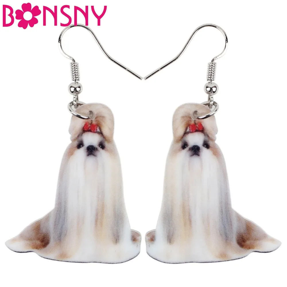 

Bonsny Acrylic Dangle Cartoon Shih Tzu Dog Drop Earrings Big Long Novelty Jewelry For Girls Women Charms 2018 News Animal Anime