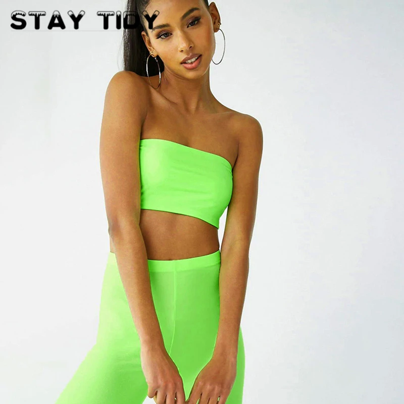 STAY TIDY Sexy Solid Strapless Tube Top And High Waist Shorts 2 Piece Set Summer Women Fashion Sporting Workout Stretchy Suit | Женская