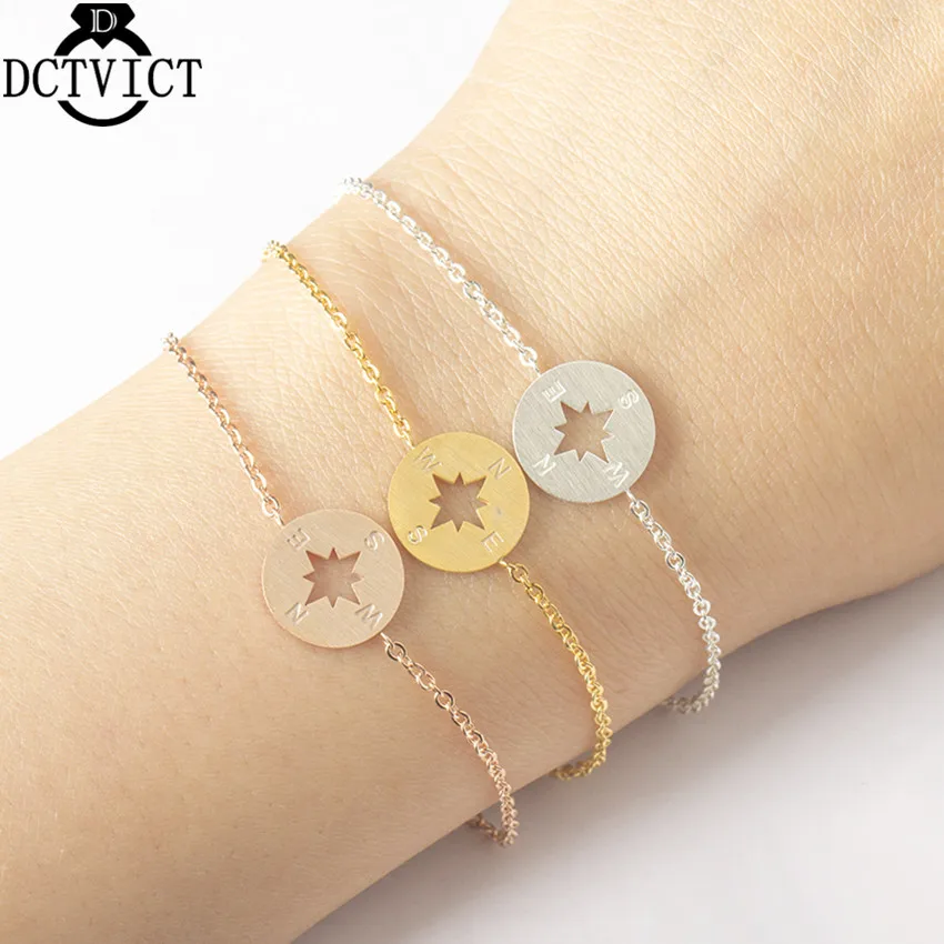 

DCTVICT 10pcs/lot gold Rose Gold One Direction Compass Bracelet Femme BFF Travel Jewelry Stainless Steel Chain Pulseras Mujer