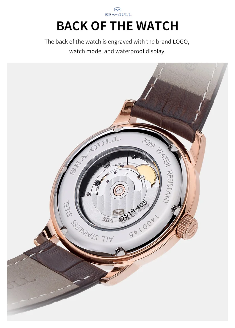 Sea-Gull Couple Mechanical Watches Lover Men Women Simple Leather Buckle 30m Waterproof Calendar Watches Stainless D519.405