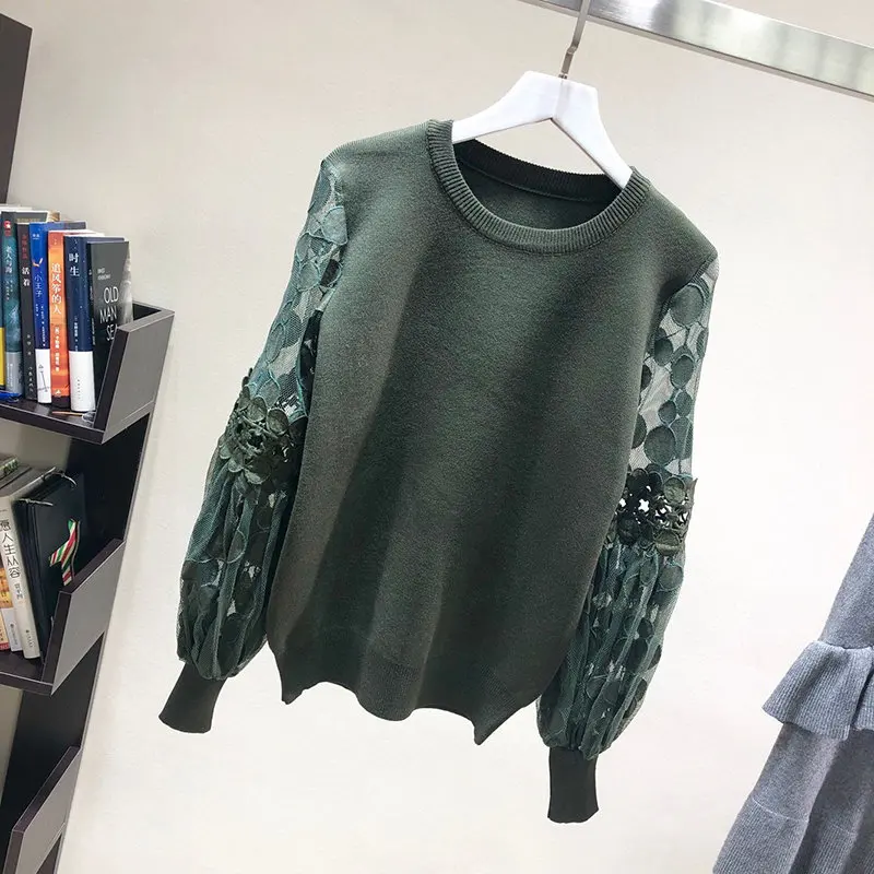 MAXDIROO Women Spring Autumn Knitted Pullover And Sweaters Hollow Out Lace Lantern Sleeve Tops Sueter Mujer | Женская одежда