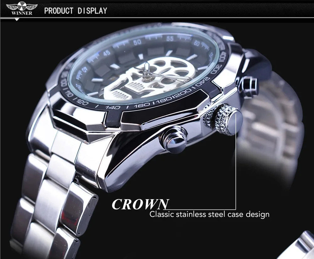 Winner Black Silver Clock Steampunk Skull Design Luminous Hands Automatic Transparent Watches for Men Top Brand Luxury