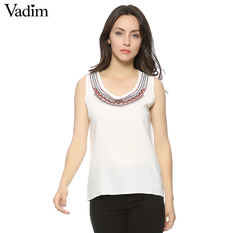 Vadim New Fashion Ladies' white Embroidery blouses sweet vintage brief O neck sleeveless shirt casual slim brand top WT75 |
